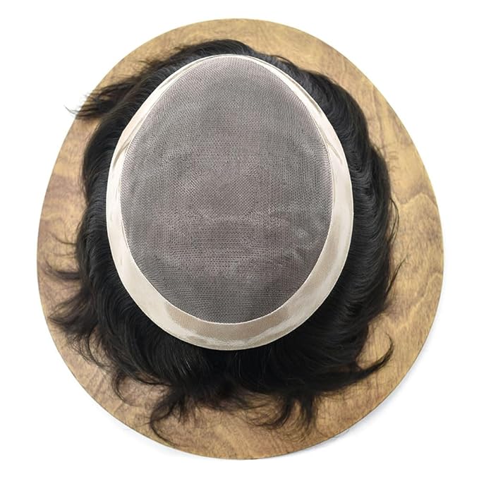 LYRICAL HAIR Toupee for Men Hair System Replacement Monofilament Mens Toupee Hairpiece Durable Poly Coated NPU Around Wig for Men Human Hair Piece Unit 120% Density 8X11 #1B Off Black