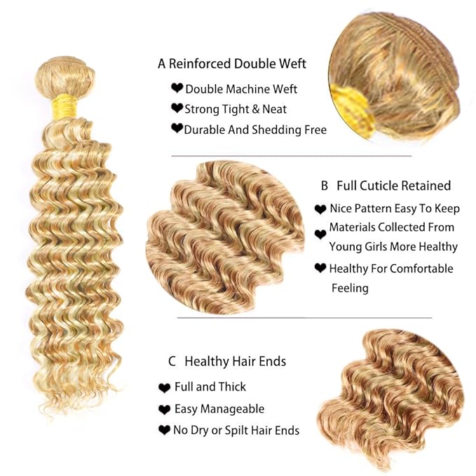 26 26 26 inch Honey Blonde Bundles 613 Deep Wave Bundles Human Hair Blonde Bundle Two Tone 613 and 27 Bundle 300g