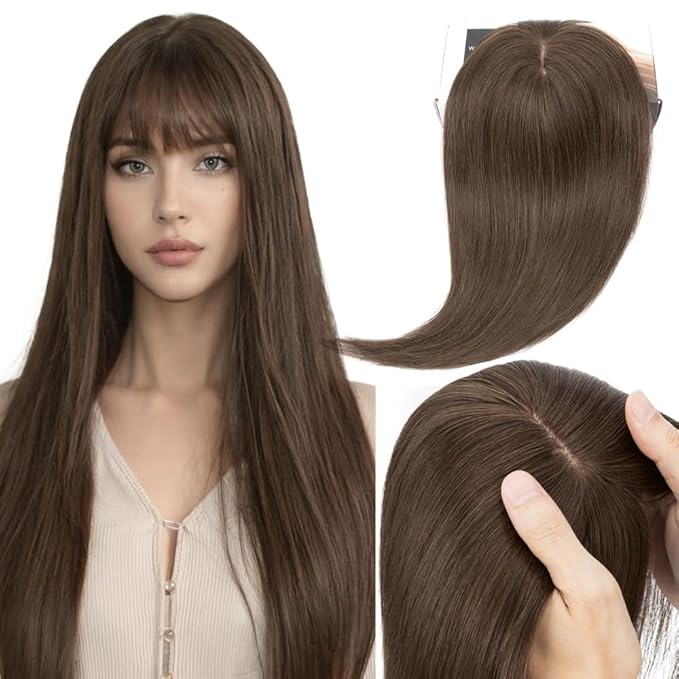 Elailite Hair Toppers for Women Real Human Hair Topper with Bangs Thinning Thin 5.1x2.8 Silk Base Clip in Remy Hairpieces 14 Inch Medium Brown