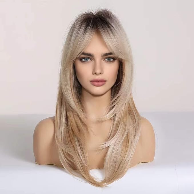 Heat Resistant Wigs Human Hair Mixed Synthetic Long Layered Black Blonde Highlights with Bangs for Women Party Cosplay
