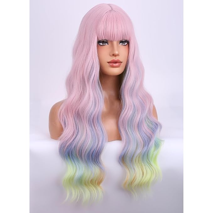 BERON Rainbow Long Wigs Curly Wavy Women Pastel Wigs with Bangs Colorful Heat Resistant Synthetic for Cosplay or Daily Wigs Wig Cap Included