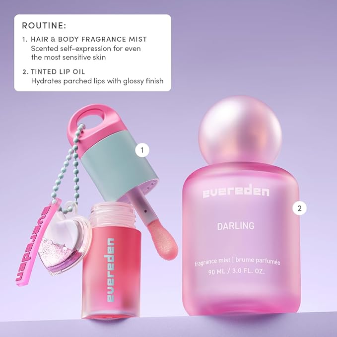 Evereden Kids Fragrance Gift Set ? 3 Hair &amp Body Mists + Tinted Lip Oil | Clean Vegan Non-Toxic Scents for Girls &amp Teens | Fun Self-Care Gift Box with Aesthetic Collectible Bottles