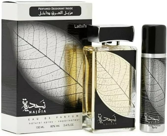 Lattafa Perfumes Najdia 2 Piece Set for Men (3.4 Ounce Eau de Parfum Spray + 1.7 Ounce Deodorant Spray)