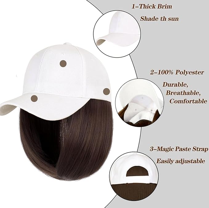10 Beige Baseball Cap with Hair Extensions Short Bob Hairstyle Adjustable Hat Wig Attached Synthetic Hairpiece for Women Daily Use Dark Brown Hair