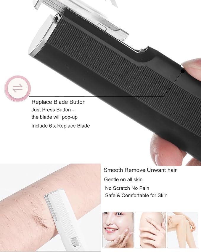 Electric Facial Exfoliator for Women 2 Speed Vibrate Dermaplaning Face Razor for Peach FuzzExfoliation &amp Body Hair Removal with 6 Replace Blades - Safety Micro-Guards (Black)