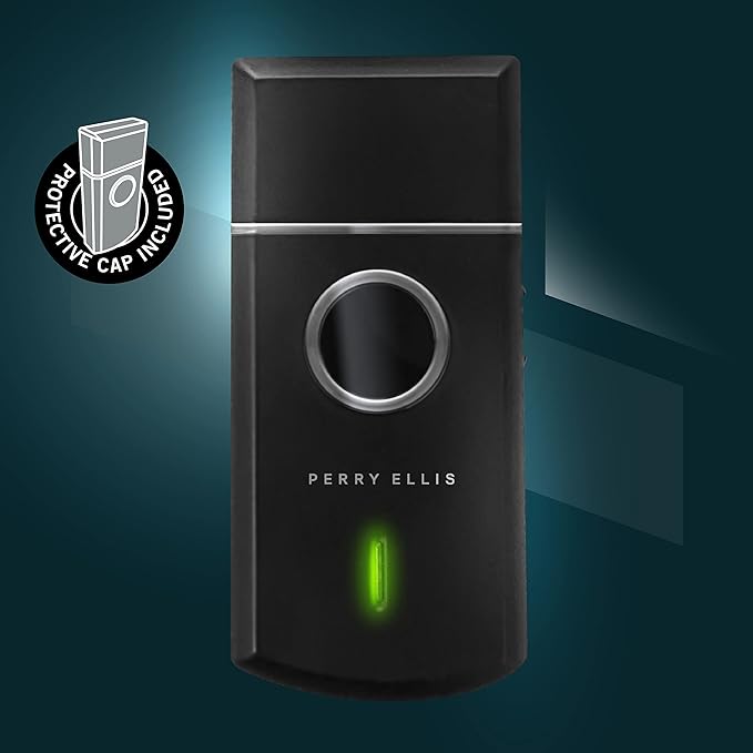 Perry Ellis Travel Electric Shaver Face Shaver for Mustache and Beard Stubble Rechargeable and Water-Resistant Foil Shaver 2 1/2-Hour Battery Capacity Black Silver