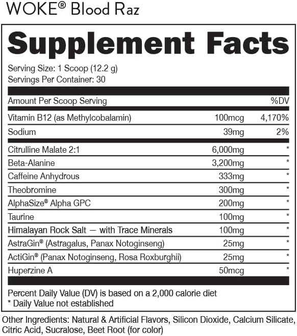 Bucked Up - Woke - HIGH STIM Pre Workout - Best Tasting - Focus Nootropic Pump Strength and Growth 30 Servings (Blood Raz)
