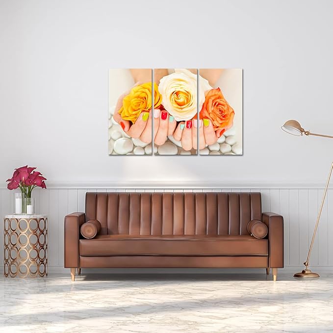 3 Piece Modern Canvas Prints Nail Painting Wall Art Beauty Salon Manicure Concept Wall Decor Hands Spa with Rose Flower Picture Modern Home Bathroom Bedroom Decoration Framed 16x32inchx3pcs