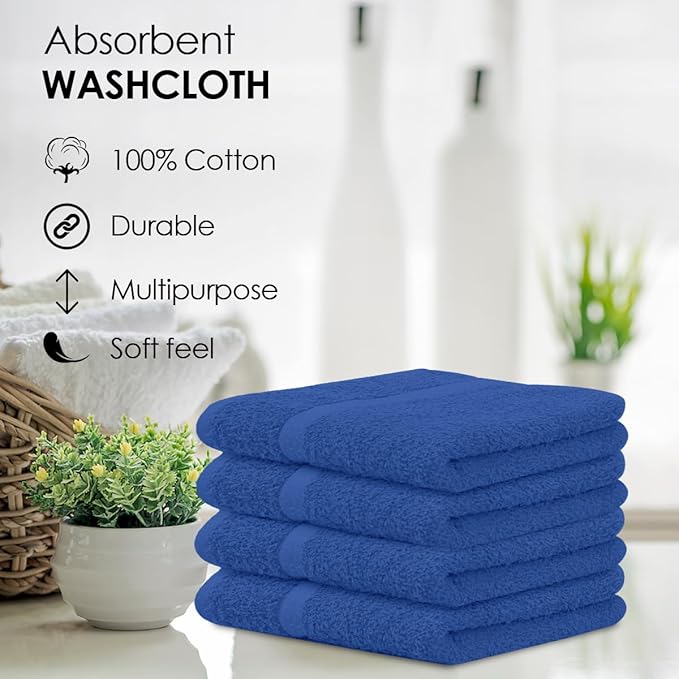 Avalon Towels Cotton Washcloths ? (Pack of 60) Size 12x12 Inches 100% Ring Spun Cotton Soft &amp Absorbent Face Towels Gym Towels Hotel and Spa Quality Reusable Fingertip Towels (Blue)