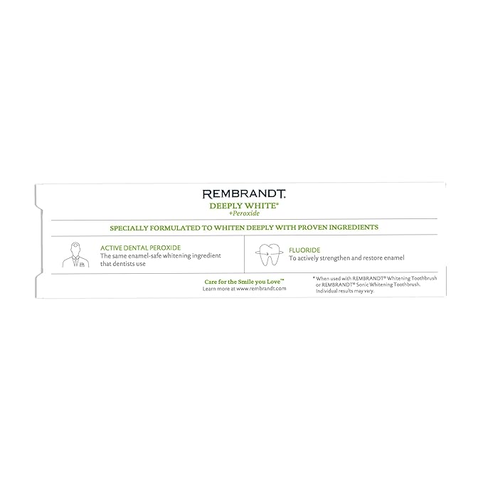 Rembrandt Deeply White + Peroxide Whitening Toothpaste Fresh Mint Flavor 2.6 Ounce (Pack of 2)