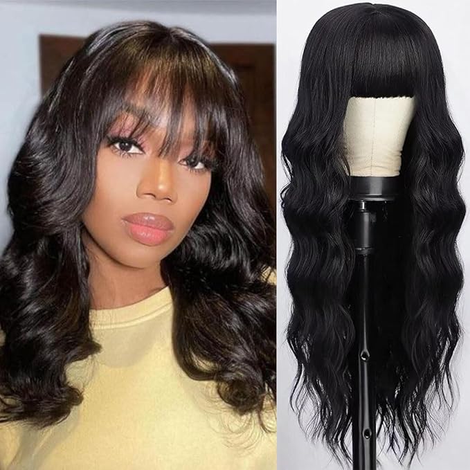 Body Wave Wigs With Bangs Human Hair For Black Women 16Inch None Lace Front Wigs 150% Density Brazilian Virgin Hair Glueless Human Hair With Bangs Natural Color Body With Bangs