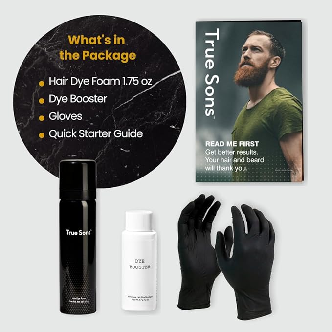 True Sons Hair Dye Foam for Men - Natural Look - Effortless Multi-Use Dye Kit with Instant Color Booster Applicator Ammonia-Free Formula Simpler Hair and Beard Dye (Dark Brown)