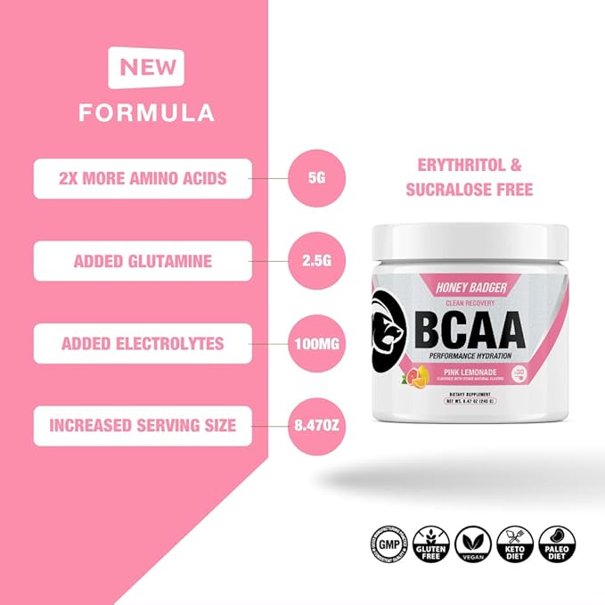 Honey Badger BCAA + EAA Amino Acids Powder BCAAs + L-Glutamine Keto Vegan Sugar Free for Men &amp Women Hydration &amp Post Workout Muscle Recovery Drink Mix Pink Lemonade 30 Servings