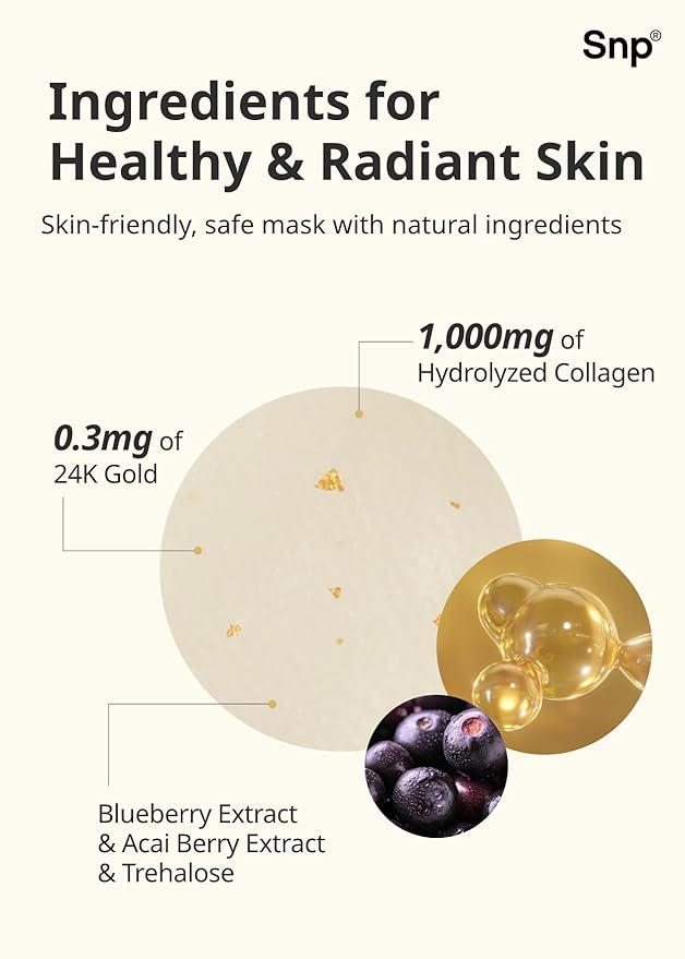 SNP 1000mg Collagen + 24K Gold Ampoule Sheet Mask | Collagen Face Masks Skincare | Tightening Hydrating and Nourishing | Korean Skin Care | Overnight Face Masks | Moisturizing Face Mask | 10 Sheets