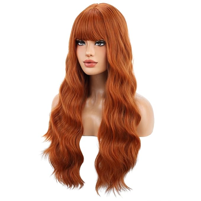 BERON Ginger Wigs Curly Wavy Women Wigs with Bangs Dark Orange Color Heat Resistant Synthetic Wig for Costume Cosplay or Daily Wigs Wig Cap Included
