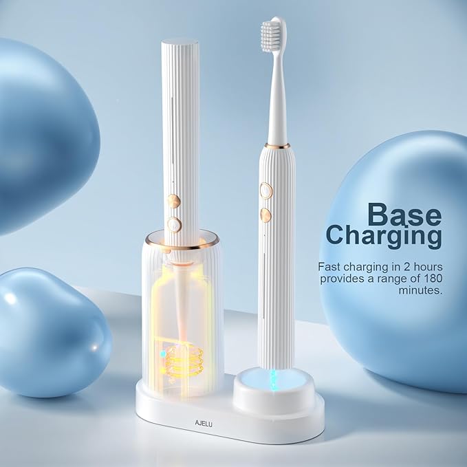 Electric Toothbrush Set with Drying &amp Sanitizing Holder 8 Replacement Brush Heads Transparent Rinse Cup Smart Timer USB Rechargeable for Adults