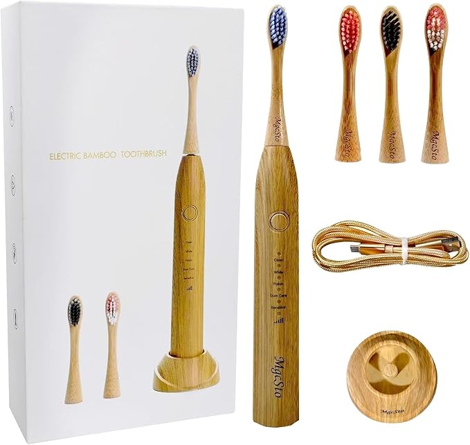 Electric Bamboo Toothbrush Sonic Toothbrush - 4 Replaceable Bamboo Brush Heads Eco-Friendly IPX7 Waterproof Electric Toothbrush One-Button Switch Five-Mode Brushing
