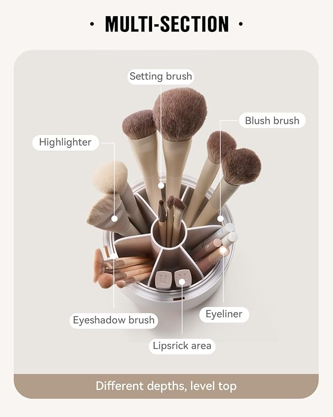 EACHY Makeup Brush Holder 360° Rotating with Dustproof Lid Waterproof Material 7 Compartments for Organized Storage Stylish and Durable Design for Vanity (White)