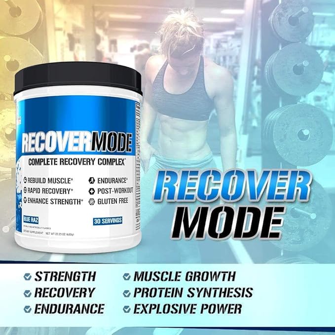 Evlution Nutrition Recover Mode- Complete Post Workout with BCAAs Immunity Support Vitamin C D &amp E Electrolytes Hydration Creatine Glutamine Beta-Alanine L-Carnitine 30 Serve Blue Raz