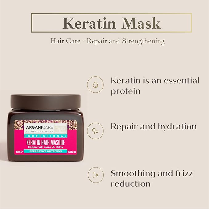 Arganicare | Keratin Range | REPAIR AND NUTRITIOUS MASK | With Organic Keratin | Nourishes Thickens &amp Protects | Fortifies &amp Regenerates the internal fiber | Dry and Damaged Hair | 16.91 fl o