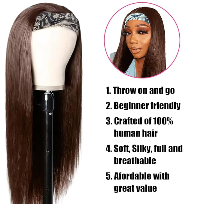 Straight Chocolate Brown Headband Wig Human Hair for Women 14-Inch 180% Density Headband Wigs Glueless Human Hair Wig(Straight #4)