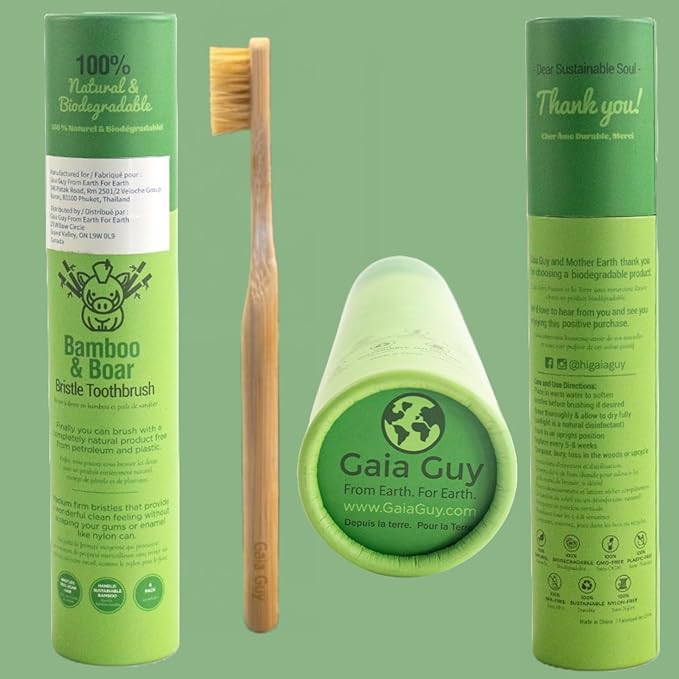 Gaia Guy Natural Bristle Bamboo Toothbrush (NO Nylon - Boar Hair ONLY) - Totally Compostable &amp Biodegradable Boar Bristle and Bamboo Toothbrushes - Zero Waste - 6-Pack