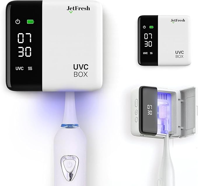 UV Toothbrush Sanitizer Holder &amp Cleaner with LED Clock Display &amp Hot Air Drying ? Wall-Mounted UV Tooth Brush Holder for Bathroom Decor Travel Use Rechargeable Portable Design Fits All Bru