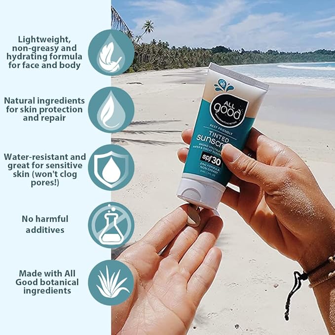 All Good Sunscreen - Tinted Mineral Sunscreen for Face &amp Body - SPF 30 Water Resistant Coral Reef Friendly Coconut Oil Jojoba Oil Shea Butter Aloe 3 oz (2-Pack)
