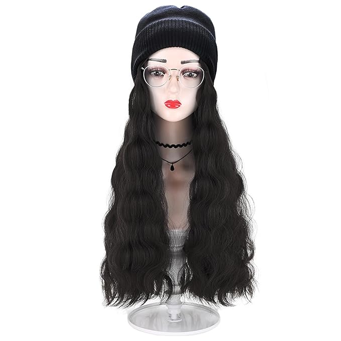 Women Winter Beanie Hat Wig Knit with Long Straight/Wig Wavy Curly Hair Wig Attached 23.6 Inch Synthetic Hairpiece