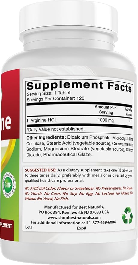 Best Naturals 3 Pack L-Arginine 1000 mg 120 Tablets - Pharmaceutical Grade L Arginine Supplement Promotes Nitric Oxide Synthesis (Total 360 Tablets)