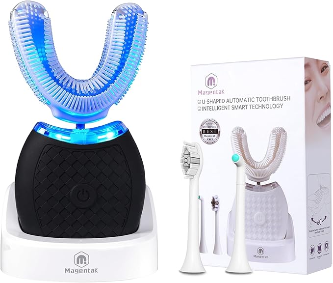 Ultrasonic U-Shaped Toothbrush for Teeth Whitening Electric Toothbrush for Adults 360-degree Cleaning3 Brush Heads Wireless Charging and IPX7 Waterproof Kit for Travel or Home(Black)