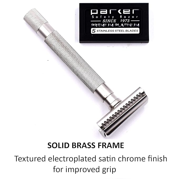 Parker Semi-Slant Safety Razor ? Satin Chrome Finish | Smooth Efficient Double Edge Wet Shaver for Men | Slanted Cutting Action + 5 Platinum Blades Included | Iconic Brand