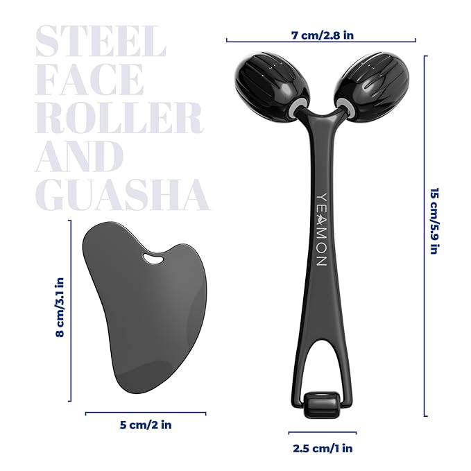 Yeamon Gua Sha Facial Tools and Face Roller Set Facial Massage Tool for Women?™s Skincare RoutineCooling Stainless Steel Face Sculpting Eyes Roller Guasha for Daily Use or Self-Care Gift for Women