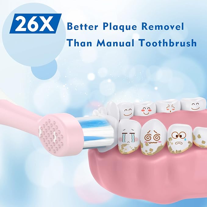 Kids Electric Toothbrushes Sonic Rechargeable Tooth Brush Gifts for Boys and Girls Smart Timer Power Toothbrush - 3 4 5 6 7 8 9 10 11 12 (Pink)