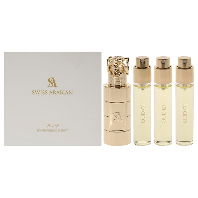 Swiss Arabian Oud 01 Giftset - Arabian Perfumes for Women and Men - Long Lasting Perfume - Floral Spicy Amber Perfume - 3 Bottles with Case - 4 pc