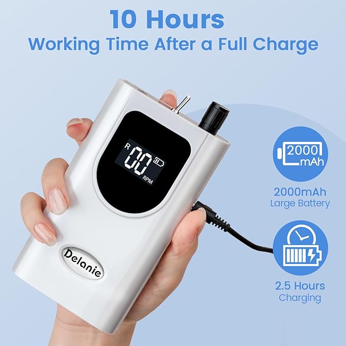 Delanie Professional Portable Electric Nail Drill Machine 35000 RPM Rechargeable Cordless Nail Filer Electric Nail File Efle for Dip Powder Acrylic Gel Nail Salon Nail Tool White
