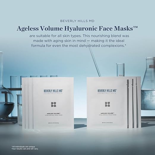Beverly Hills MD Ageless Volume Hyaluronic Face Mask- Reduce Appearance of Wrinkles Anti Aging Formula for Plump Moisturized Skin- 8 Pack- Hydrating &amp Firming Gentle Sheet Mask