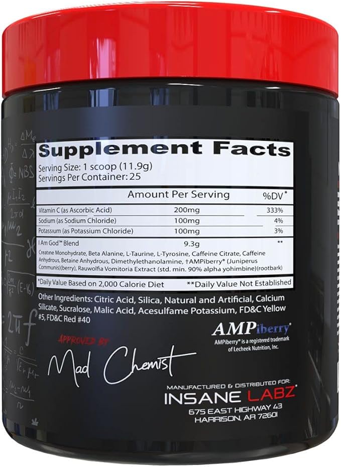 Insane Labz I am God Pre Workout High Stim Pre Workout Powder Loaded with Creatine and DMAE Bitartrate Fueled by AMPiberry Energy Focus Endurance Muscle Growth25 Srvgs Apple