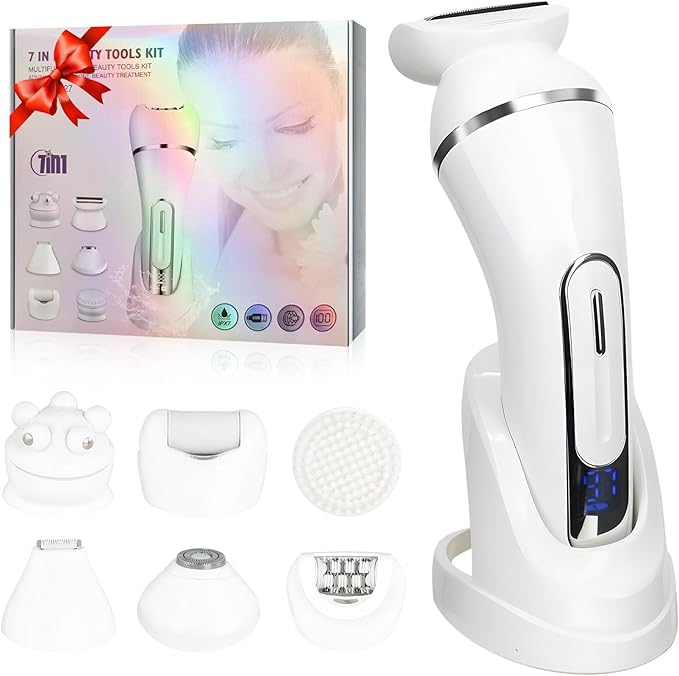 3.0 Women Face Epilator 7-in-1 Rechargeable Facial Hair Remover with LED Battery Display Facial Shaver for Face Eyebrow Nose Trimmer (White)