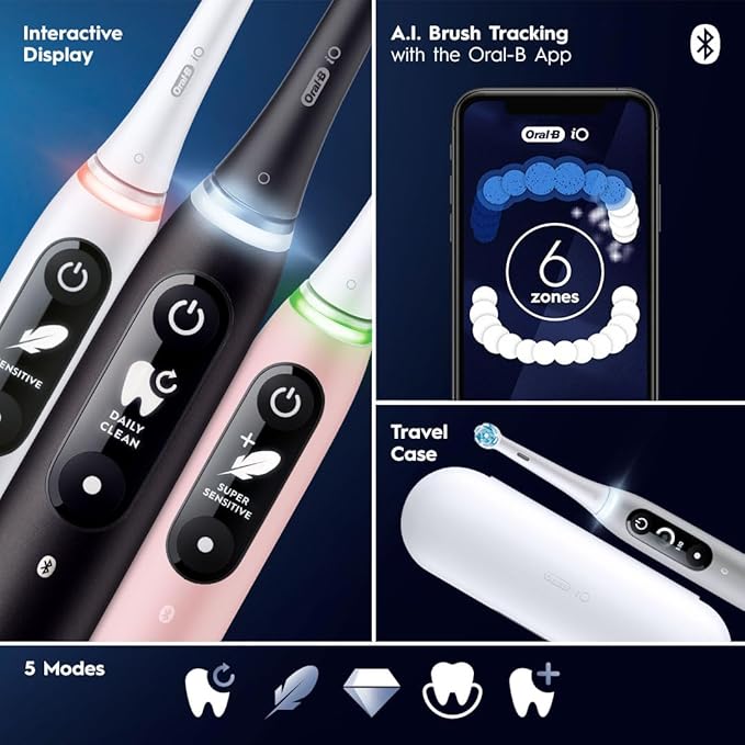 Oral-B iO Deep Clean + Protect Rechargeable Electric Toothbrush Black with a iO Series 7 Toothbrush 2 Replacement Brush Heads and a Charging Travel Case