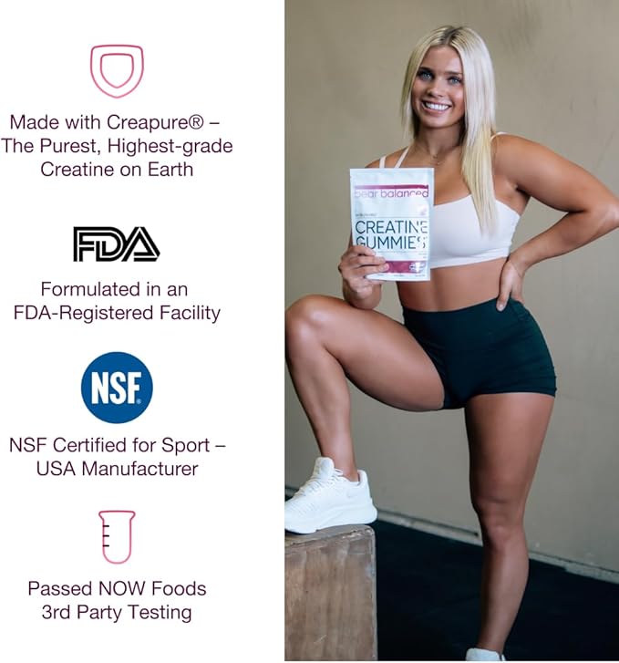 Bear Balanced Creatine Gummies for Men &amp Women - Creapure® Creatine Monohydrate L-Theanine L-Tyrosine &amp B12 for Muscle Growth Strength Focus Energy &amp Health - Low Calorie Sugar-Free