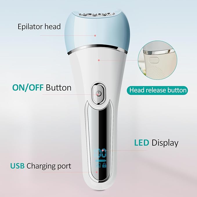 Epilator for Women 6 in 1 Hair Removal Epilator Shaver Face Razor Facial Brush Face Massage and Body ExfoliatorIPX7 Waterproof Rechargeable Hair Removal for Women 2 Speeds