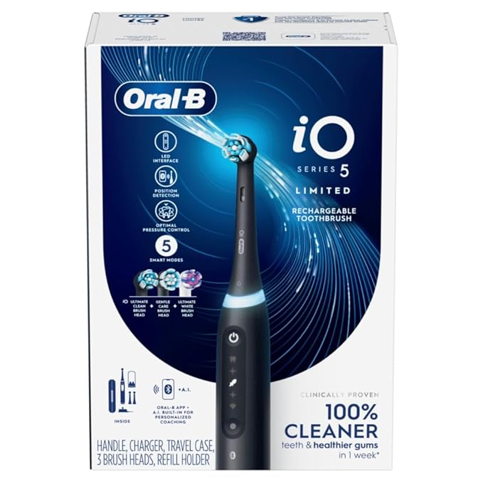 Oral-B iO Deep Clean + Whiten Rechargeable Electric Toothbrush with Visible Pressure Sensor 2 Minute Timer 5 Cleaning Settings 1 iO5 Limited 3 Toothbrush Heads Travel Case &amp Refill Holder Bl