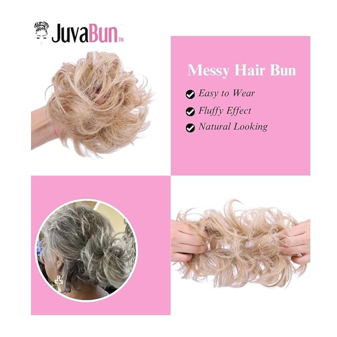 JUVABUN Small Messy Bun Hair Piece - Light Gray | Curly Real Human Hair for Everyday Wear | Washable &amp Realistic Synthetic Pieces for Women's Updos | Scrunchie