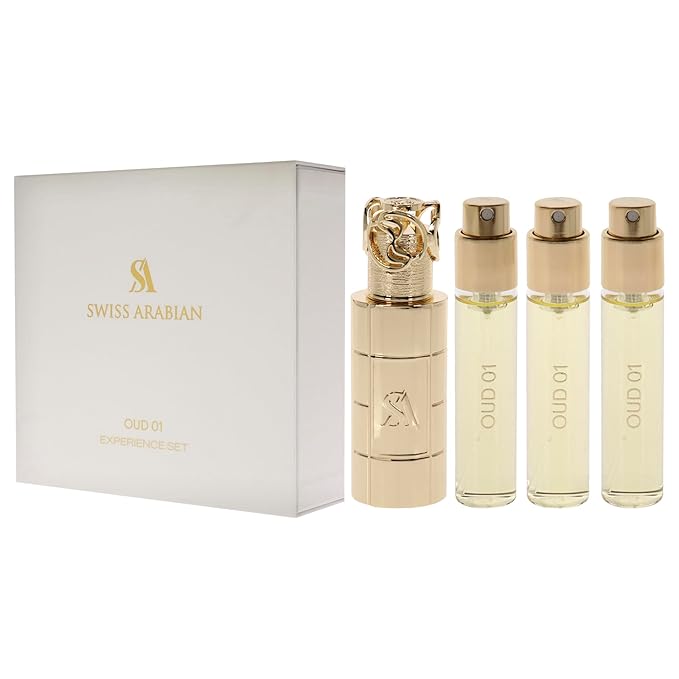 Swiss Arabian Oud 01 Giftset - Arabian Perfumes for Women and Men - Long Lasting Perfume - Floral Spicy Amber Perfume - 3 Bottles with Case - 4 pc