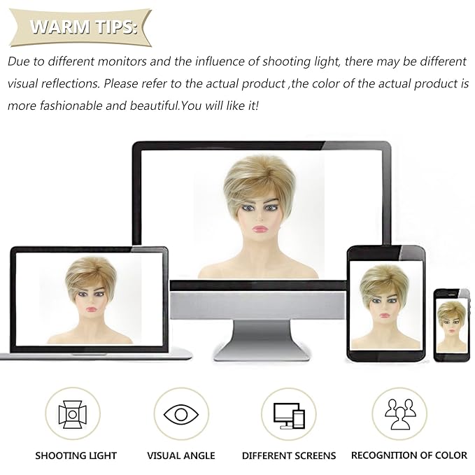 SEVENCOLORS Short Blonde Wigs for White Women Layered Mixed Blond Pixie Cut Wigs with Bangs Synthetic Short Hair Replacement Wigs