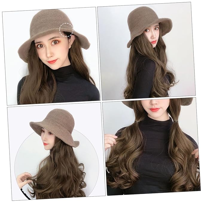 Long Wavy Curly Wig Hat for Women and Khaki Synthetic Hair Extension with Natural Texture Lightweight Fashion Accessory for Volume and Easy to Style and Wear