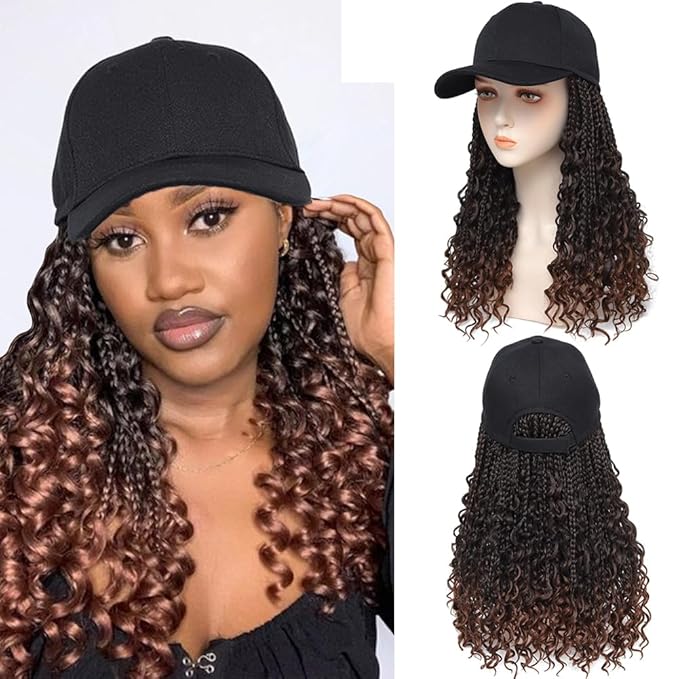 Goddess Box Braiding Baseball Cap Wig Bohemian Curly Ends Box Braids Hat with Braided Hair Extensions for Black White Women Synthetic Braids Hat Wig with Hair Attached (16inch T30)