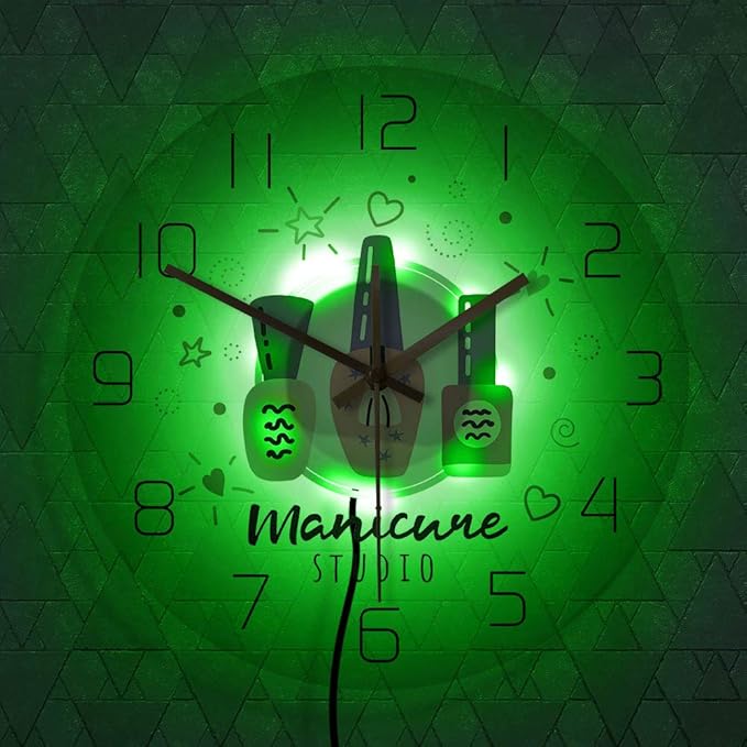 The Geeky Days Manicure Studio Nail Polish Custom Print LED Lighting Silent Wall Clock Personalized Nail Salon Hanging Watch with Color Changing Light Gift for Nail Technician