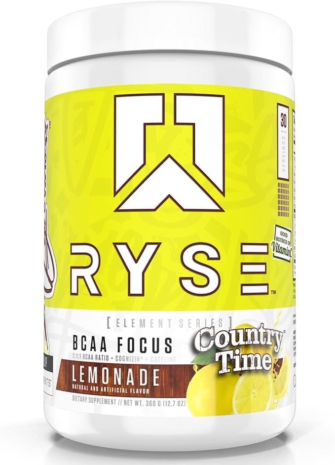RYSE BCAA Focus Powder - Country Time Lemonade - BCAA Supplement with Electrolytes Natural Caffeine &amp Cognizin Supports for Hydration Recovery Energy and Focus for Men &amp Women - 30 Serving